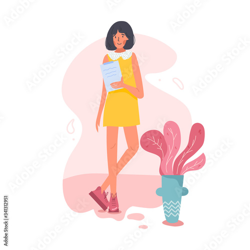 Happy businesswoman in full height. Se is holding the office desk. Interwiewer, worker, designer or anybody. Old fashioned clothes and shoes. Isolated cartoon flat vector illustration.