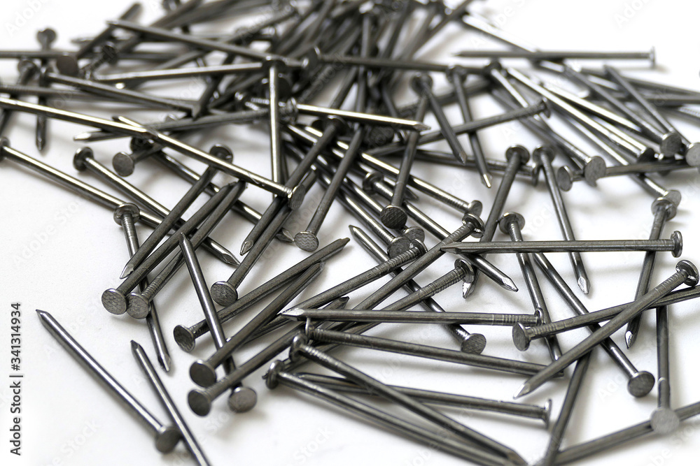 construction nails, a large amount of nails on a white background, construction nails, a large amount of nails on a white background,
