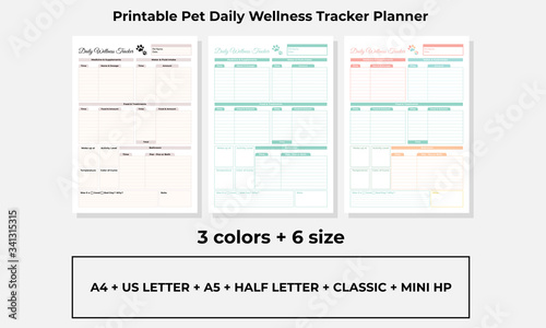 Minimalist pet daily wellness tracker planner pages templates vector paper A4, US Letter, A5, Half Letter, Classic and Mini hp Ai, EPS 10 and PDF File
