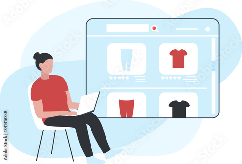 Vector concept illustration of a woman piking clothes from laptop screen, looking through items in an online store. It represents a concept of online shopping, website design or modern landing page