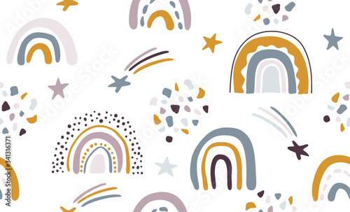 Seamless vector pattern with hand drawn rainbows and sun.