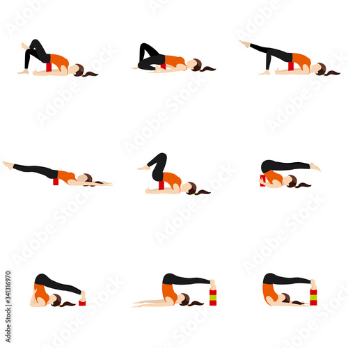 Yoga lying backbend asanas set with blocks/ Stylized woman practicing backbend modifications with props photo