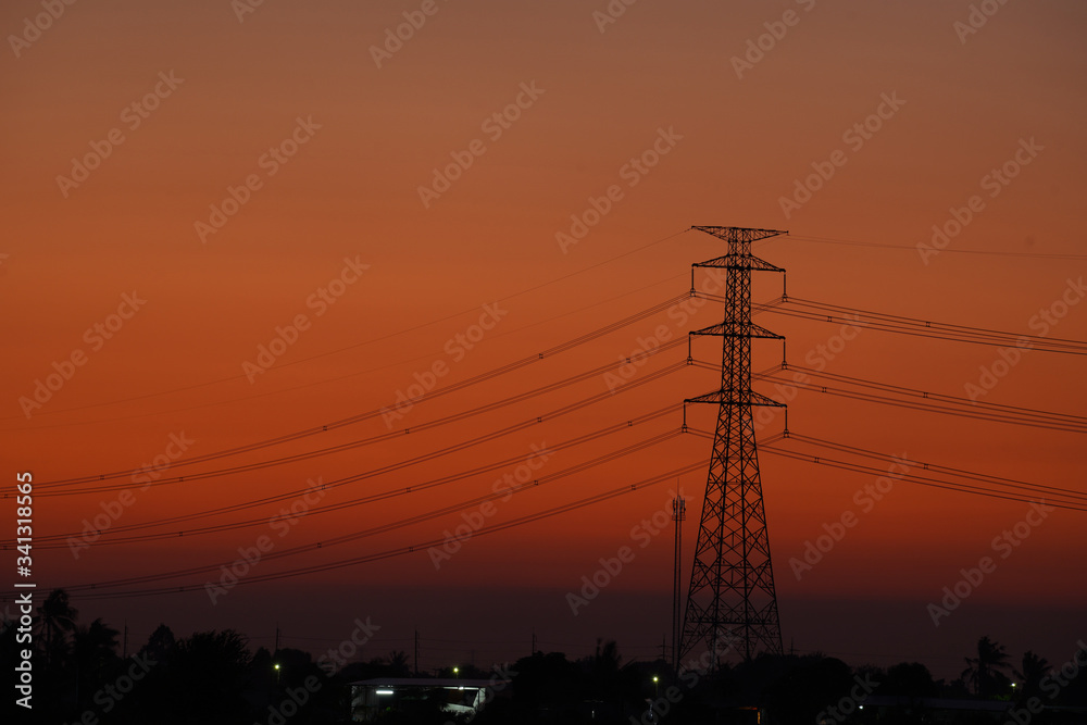 Fototapeta premium High voltage pole pictures During Twilight Life There is beautiful light. Suitable for use as illustrations of content.