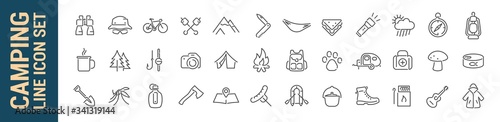 Camping vector isolated line icon set. Hiking camp & travel