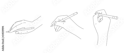 Set of sketch line illustrations of hand holding pen and writing or drawing in three different gesture positions