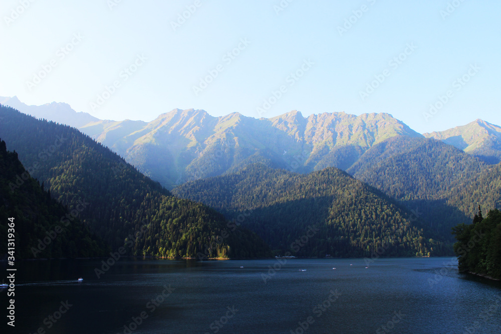 Caucasus mountains an lake panoramic view