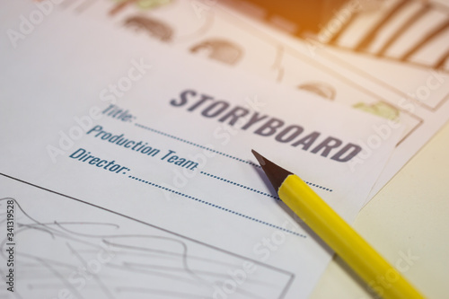 Pencil on Storyboard movie video layout for pre-production, storytelling drawing creative for process production media films. Script editors and writing graphic in form displayed in maker shooting