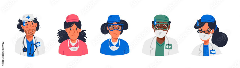 Doctor. Stay home. tired faces of medical workers wearing masks and uniforms. Medical team in conditions of coronavirus pandemic, covd-19 quarantine. Flat style vector illustration.