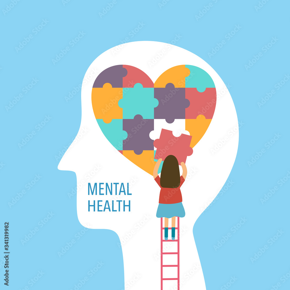 Mental health concept vector illustration. A girl making heart jigsaw in brain. World mental