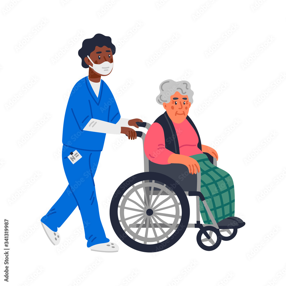 Senior patient. An elderly woman in a wheelchair and male nurse in a face mask on a white background. Senior people protection, stay safe concept. Simple flat vector illustration.