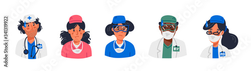 Doctor. Stay home. tired faces of medical workers wearing masks and uniforms. Medical team in conditions of coronavirus pandemic, covd-19 quarantine. Flat style vector illustration.