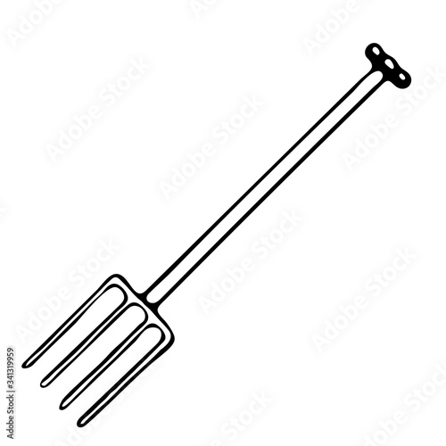 Hand drawn outline black vector illustration of a beautiful metal fork or pitchfork for gardening isolated on a white background