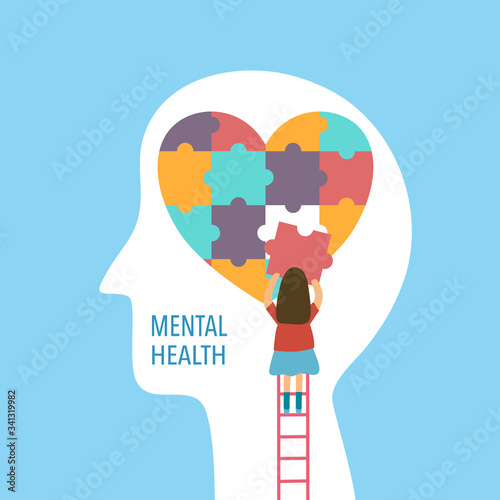 Mental health concept vector illustration. A girl making heart jigsaw in brain. World mental health day. Psychological therapy and treatment flat design.
