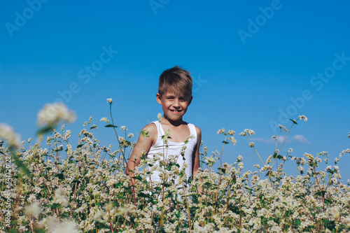 Cheerful positive boy standing on flowery meadow or field. Happy child walking among summer flowers outdoors. Summer, nature, childhood concept