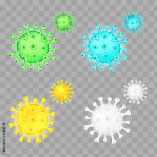 Covid-19 Chinese coronavirus set under the microscope on a transparent background. Vector 3d illustration. Pandemic, disease. Floating China pathogen respiratory influenza covid virus cells