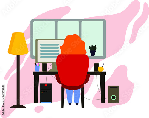 the girl works at the computer remotely from home. Freelance.