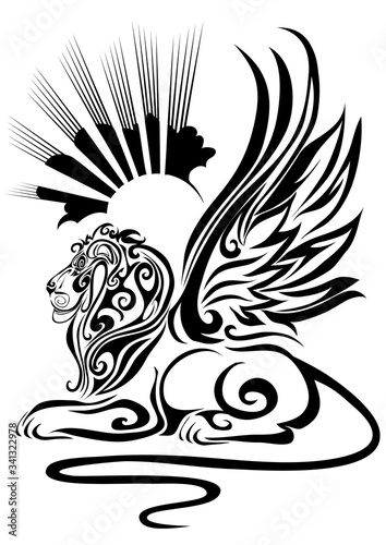 stylized sphinx with raised wings in profile against the sun, isolated object on a white background, vector illustration,