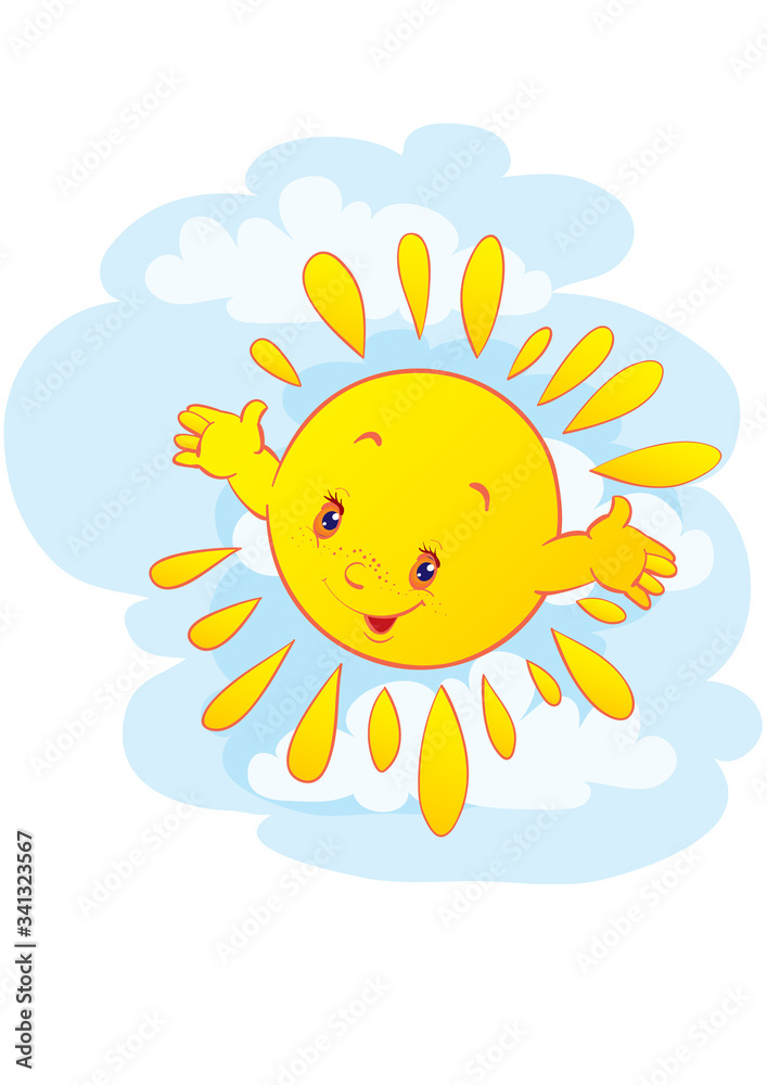 sun character with hands on blue sky, vector illustration,