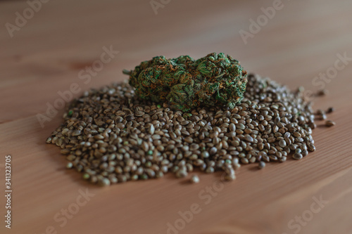 Medical Cannabis Seeds with Single Flower of Cannabis CBD on the pine wood table. photo