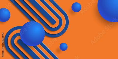 Orange and blue carved background 3D. Abstract template in origami style. Layered paper backdrop with blue spheres. Vector illustration. Design for card, brochure, cover, banner, booklet, wallpaper.