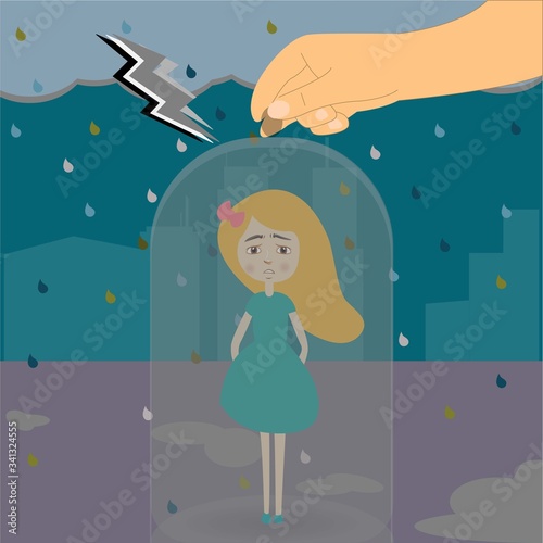 Girl kept under glass bell, excessive protection concept
