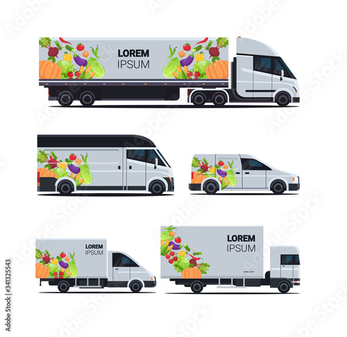 set realistic van truck trailer with organic vegetables natural vegan farm food delivery service different vehicles with fresh veggies flat vector illustration
