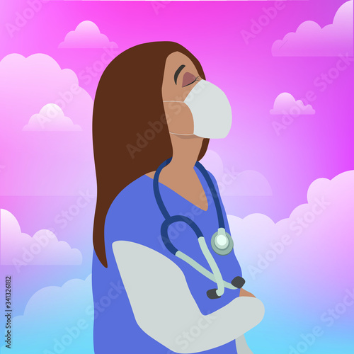 Girl doctor in a medical mask a stethoscope on her neck, she looks tiredly at the sky