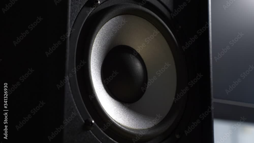 Speaker Vibrating Playing Loud Music Beat Near Computer Monitor at Home Recording Studio Speaker Vibrating Playing Loud Music Beat Near Computer Monitor at Home Recording Studio