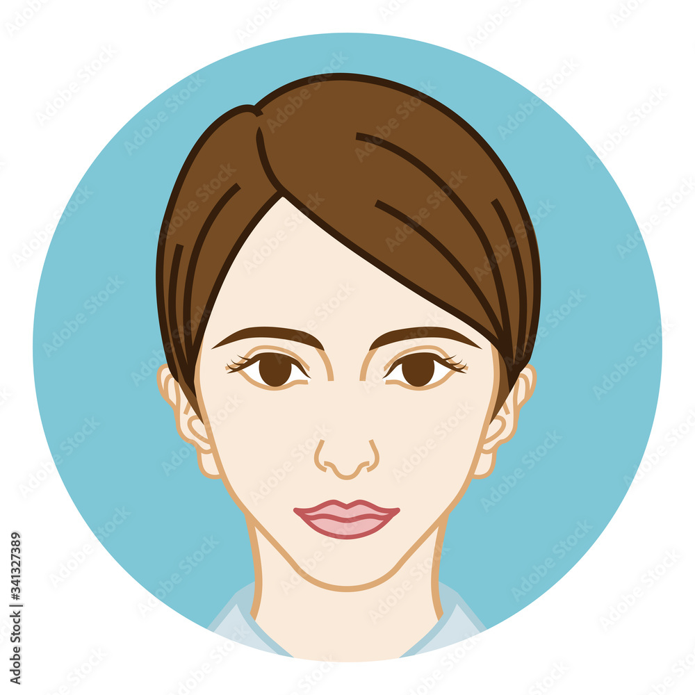 Portrait of young short hair woman - front view, circular clip art Portrait of young short hair woman - front view, circular clip art