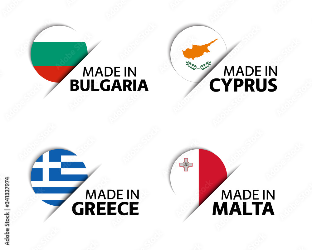 Set of four Bulgarian, Cyprus, Greek and Malta stickers. Made in Bulgary, Made in Cyprus, Made in Greece and Made in Malta. Simple icons with flags isolated on a white background