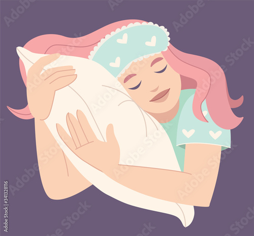Girl hugs a pillow. Tired girl hugging pillow.Woman in pajamas hugging a pillow.Girl in a sleep mask hugs a pillow. Poster. Cute picture . Sweet Dreams. Pastel colors