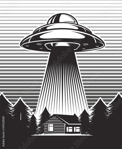 UFO poster vintage. Aliens abduct from a farm. House with windmill mill in forest. Black and white design. Vector illustration.