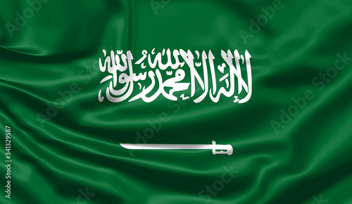 Realistic flag. Saudi Arabia flag blowing in the wind. Background silk texture. 3d illustration.