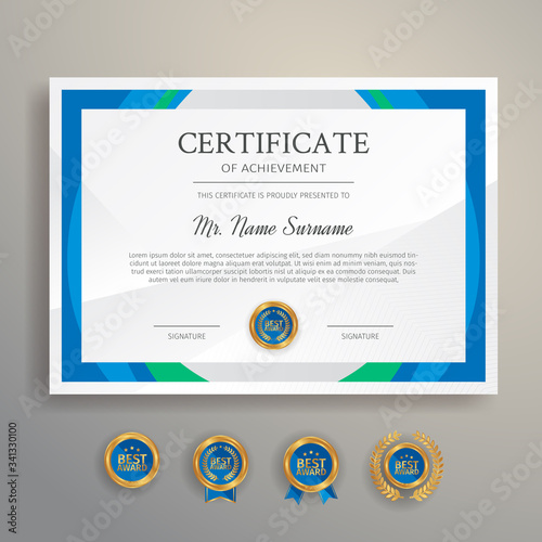 Blue and green certificate template border with gold badges vector for business and legal document printing