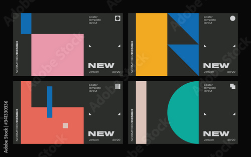 New modernism aesthetics in vector poster design cards. Brutalism inspired graphics in web template layouts made with abstract geometric shapes, useful for poster art, website headers, digital prints.
