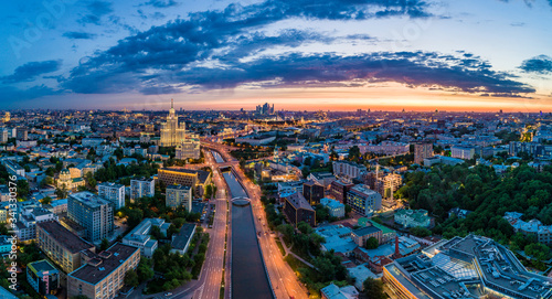 Moscow, Russia. An aerial view of the Yauza River and the Kotelnicheskaya Embankment Building at sunset.