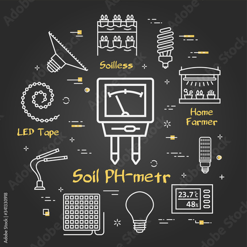 Vector black concept of hydroponic and growth led light - soil PH-meter
