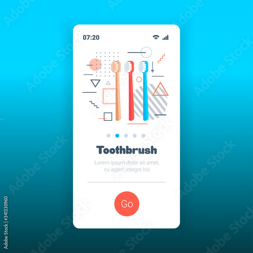 colorful plastic toothbrushes dental care hygiene concept smartphone screen mobile app copy space vector illustration