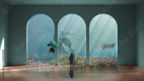Fotografie Surreal visionary aquarium with a big blue fish which escapes from the cage whil