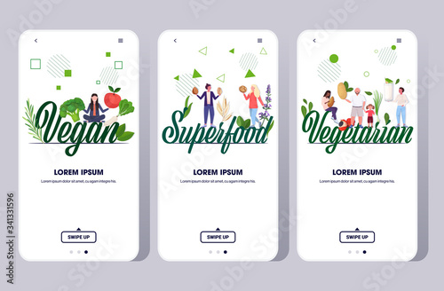 set people holding nuts fruits vegetables and plant based milk healthy lifestyle vegetarian concept smartphone screens collection mobile app full length copy space horizontal vector illustration