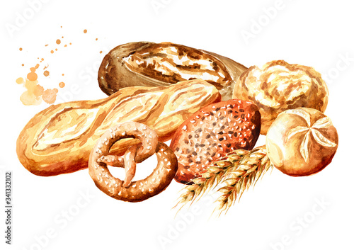 Fresh pastries, backery and wheat ears. Hand drawn watercolor illustration isolated on white background photo