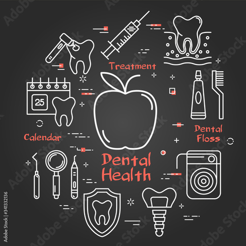 Vector black line round concept - apple dental health