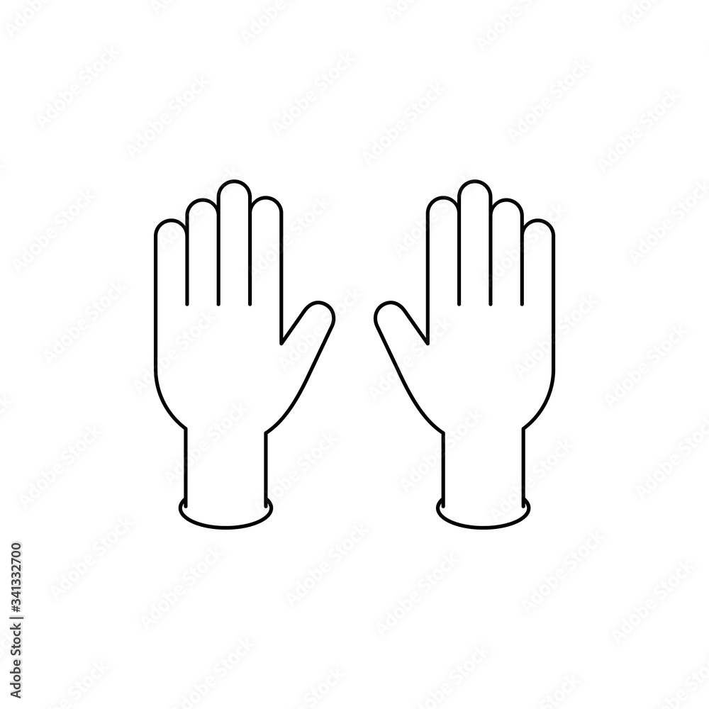 Protective medical gloves. Latex gloves sign or symbol. Black line icon outline on white background. Fighting infectious disease equipment. Pair of rubber gloves. Vector illustration, flat, clip art.