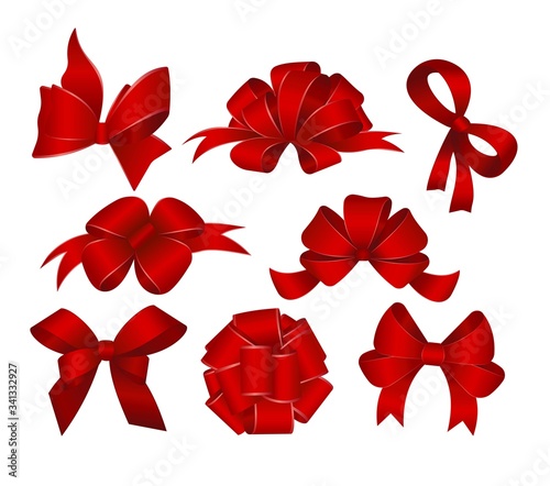 Set of red satin bow isolated on white. Vector gift bows  for page decor.