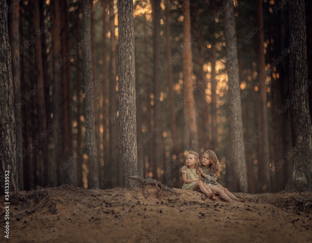 Obraz premium Two sisters are sitting in the summer embracing in a spruce forest on a hillside.