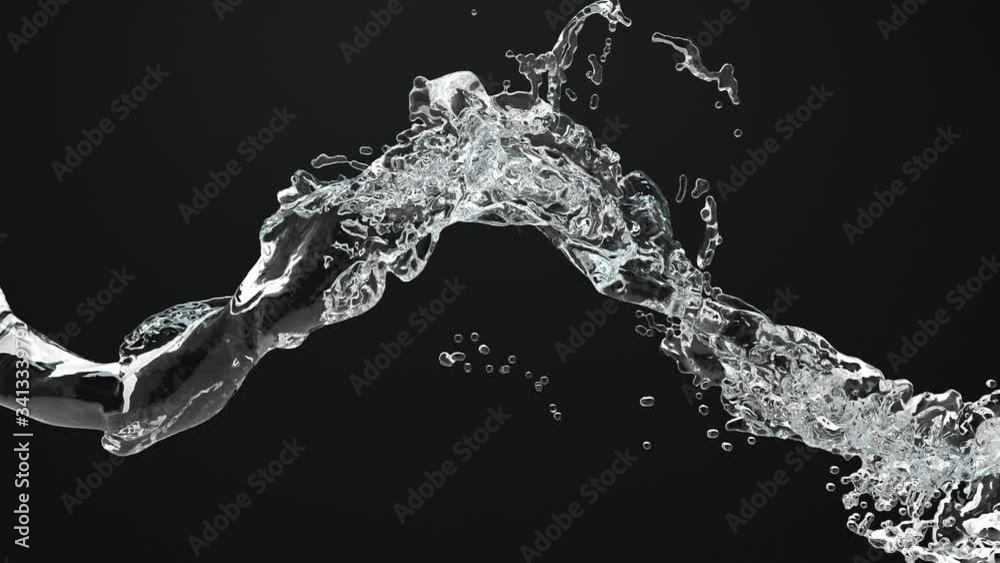 Abstract 3D render animation of splashing and pouring crystal transparent water on black background. Liquid flowing with water drops.