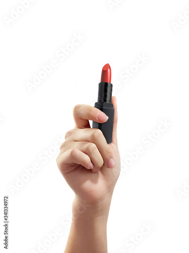 Woman holding lipstick on white background  closeup