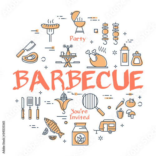 Vector line banner for picnic and grill party - barbecue