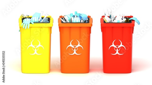 Medical trash 3d illustration. Coronavirus protection equipment in medical waste bin. Used face masks and sterile gloves.
