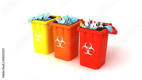 Medical trash 3d illustration. Coronavirus protection equipment in medical waste bin. Used face masks and sterile gloves.
